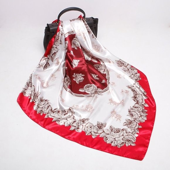 NEW Burgundy Red Ivory Roses and Carriages Printed Square Silky Scarf Wrap - Picture 1 of 7